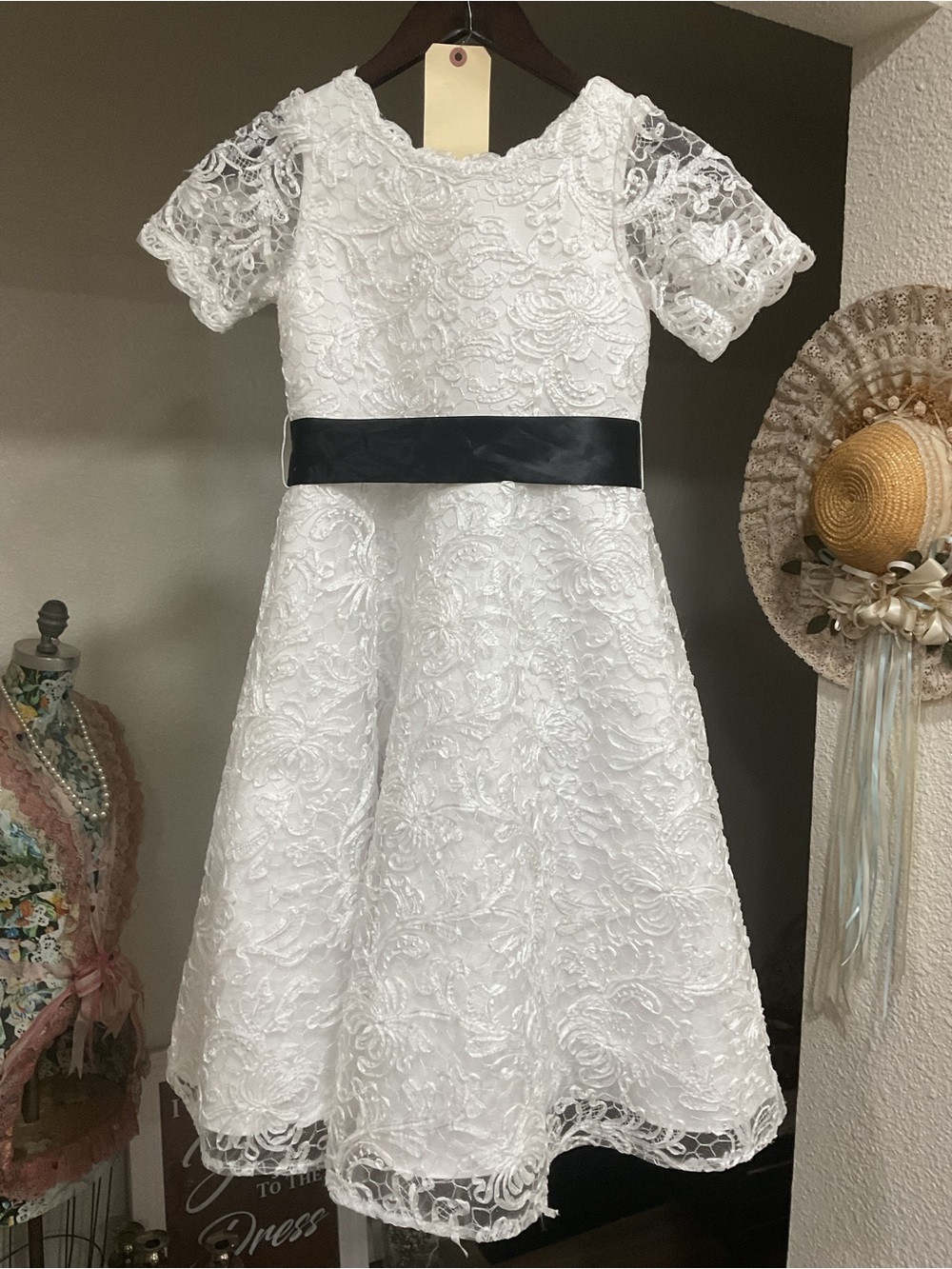 NEW White Lace Formal Dress for Girls with Black Sash Wedding or Any Occassion